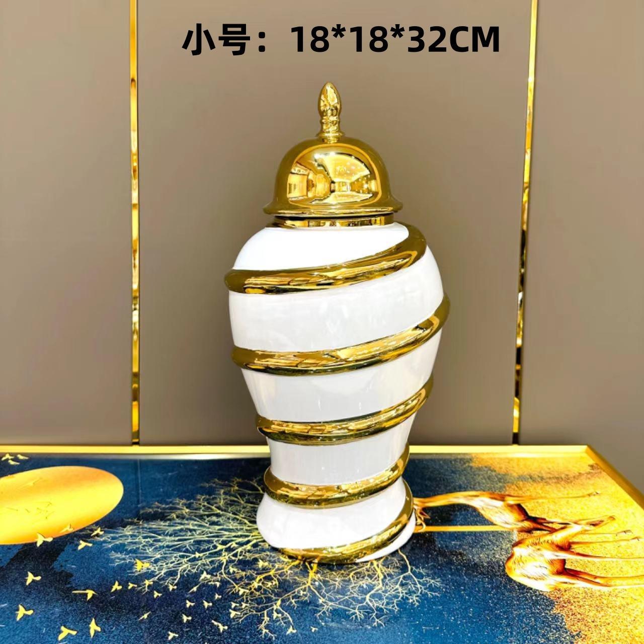 Export European-Style Electroplated Gold Ceramic Hat-Covered Jar Vase Decoration Light Luxury Craft Model Room Soft Decoration Entrance Decoration