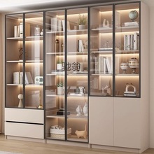 N8书柜家用带玻璃门客厅一体整墙现代轻奢储物柜实木书架展示柜