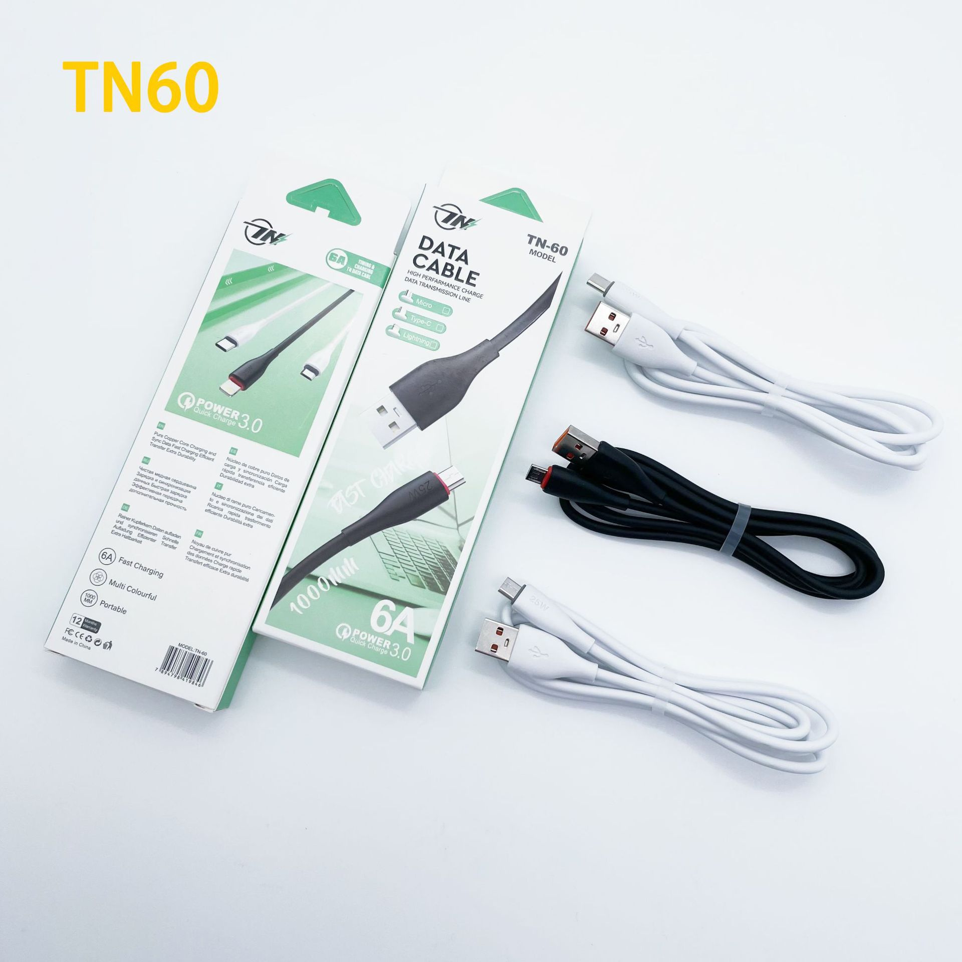 Tn60 New PVC Fast Charge Data Cable Support I5 Android TC Smartphone Qc3.0 Function Delivery Supported