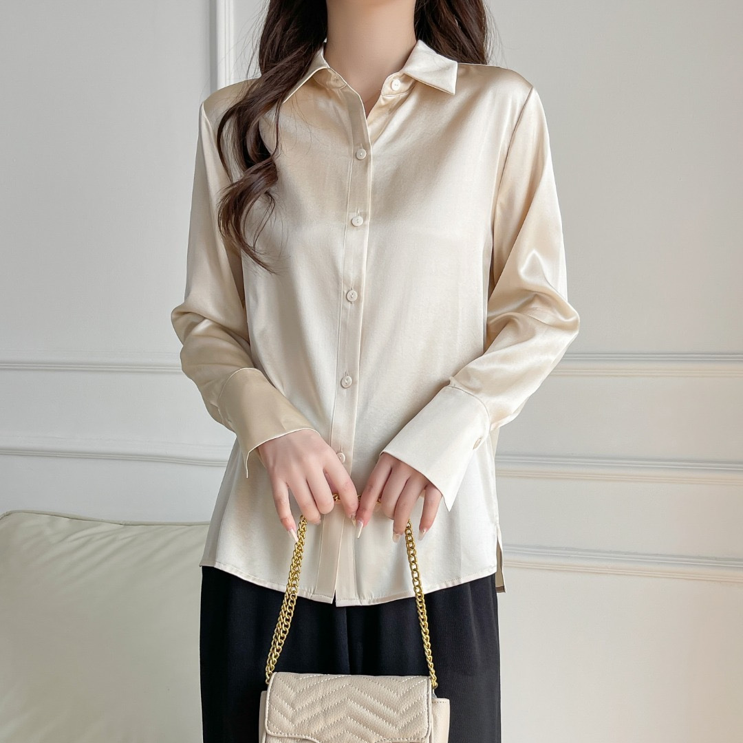 光泽质感 重磅弹力双乔缎真丝翻领衬衫女 新款长袖蚕丝衬衣ol上衣