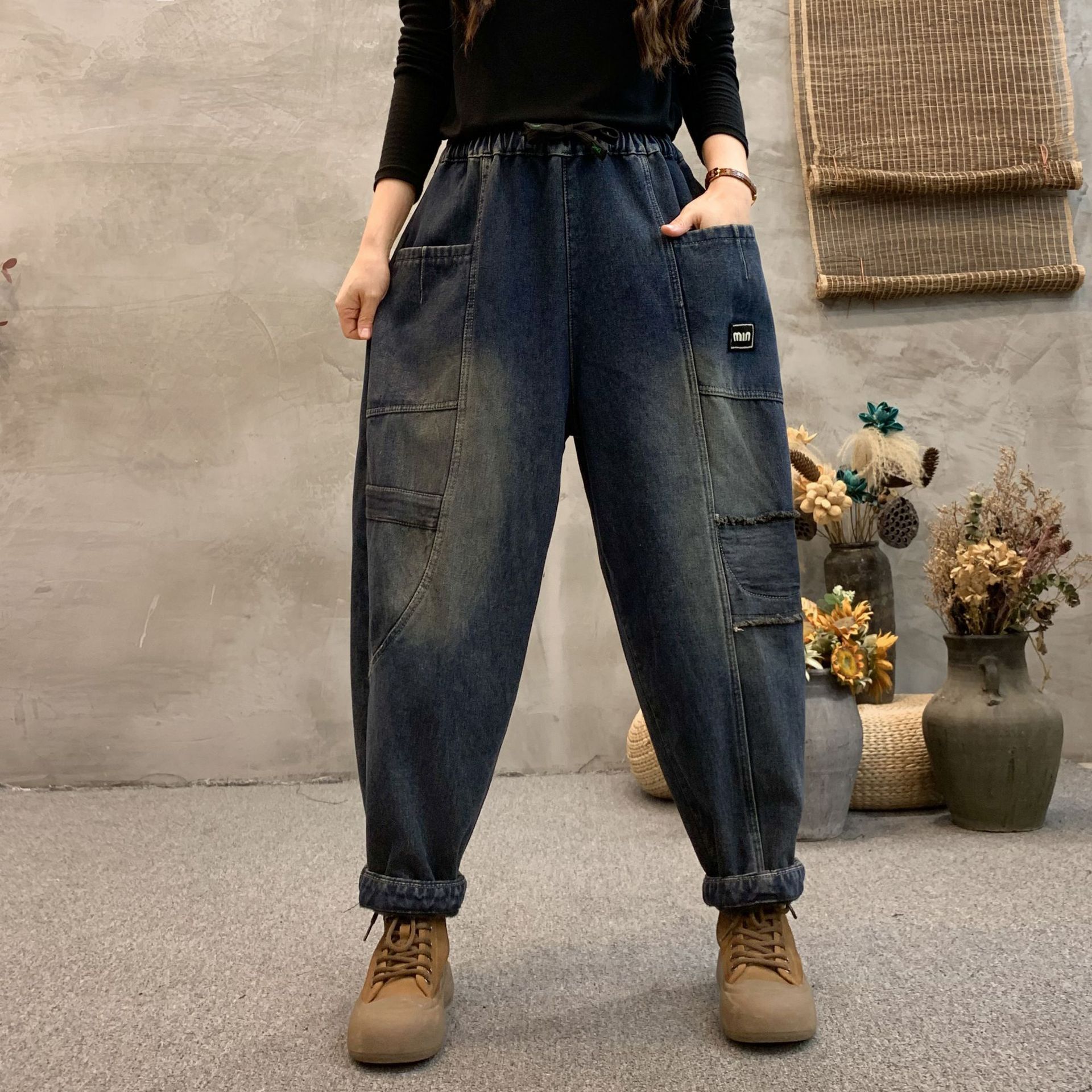 民族风复古炒色做旧加绒牛仔垮裤女贴布大口袋加厚保暖哈伦老爹裤