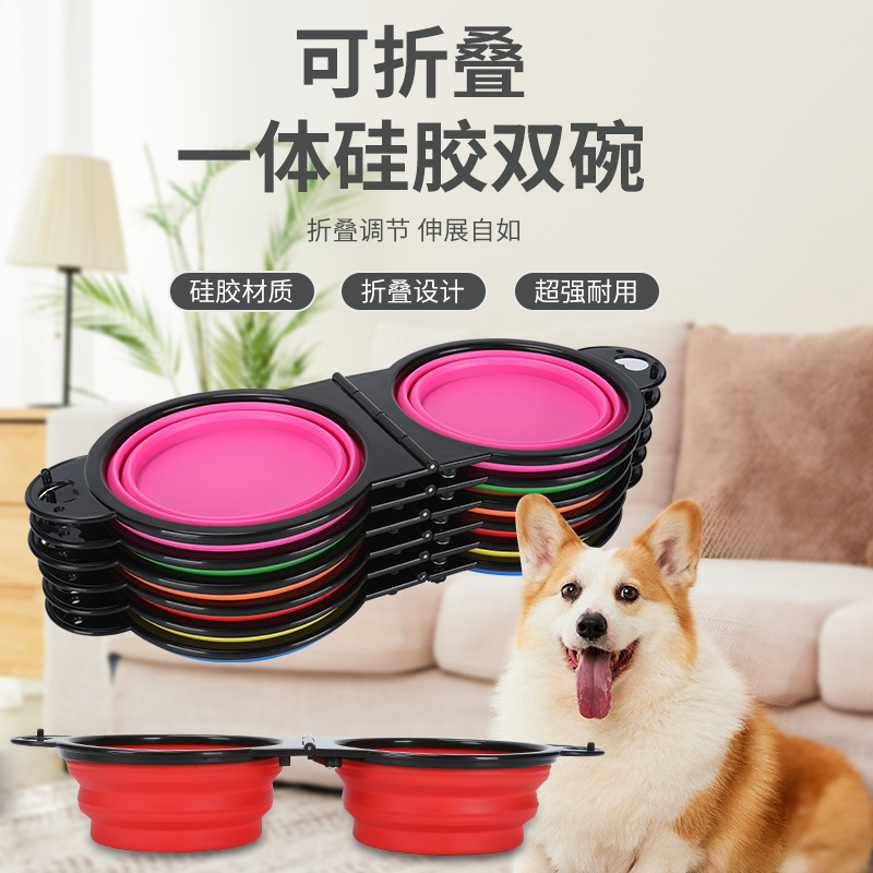 Plastic Edge Pet Bowl Folding Silicone Double Bowl Drinking Water Feeding Dog Basin Cat Bowl Portable Outing Pet Supplies Hot Sale