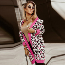 时颖粉色豹纹印花设计针织开衫毛衣欧美冬季中长款毛衫外套271801