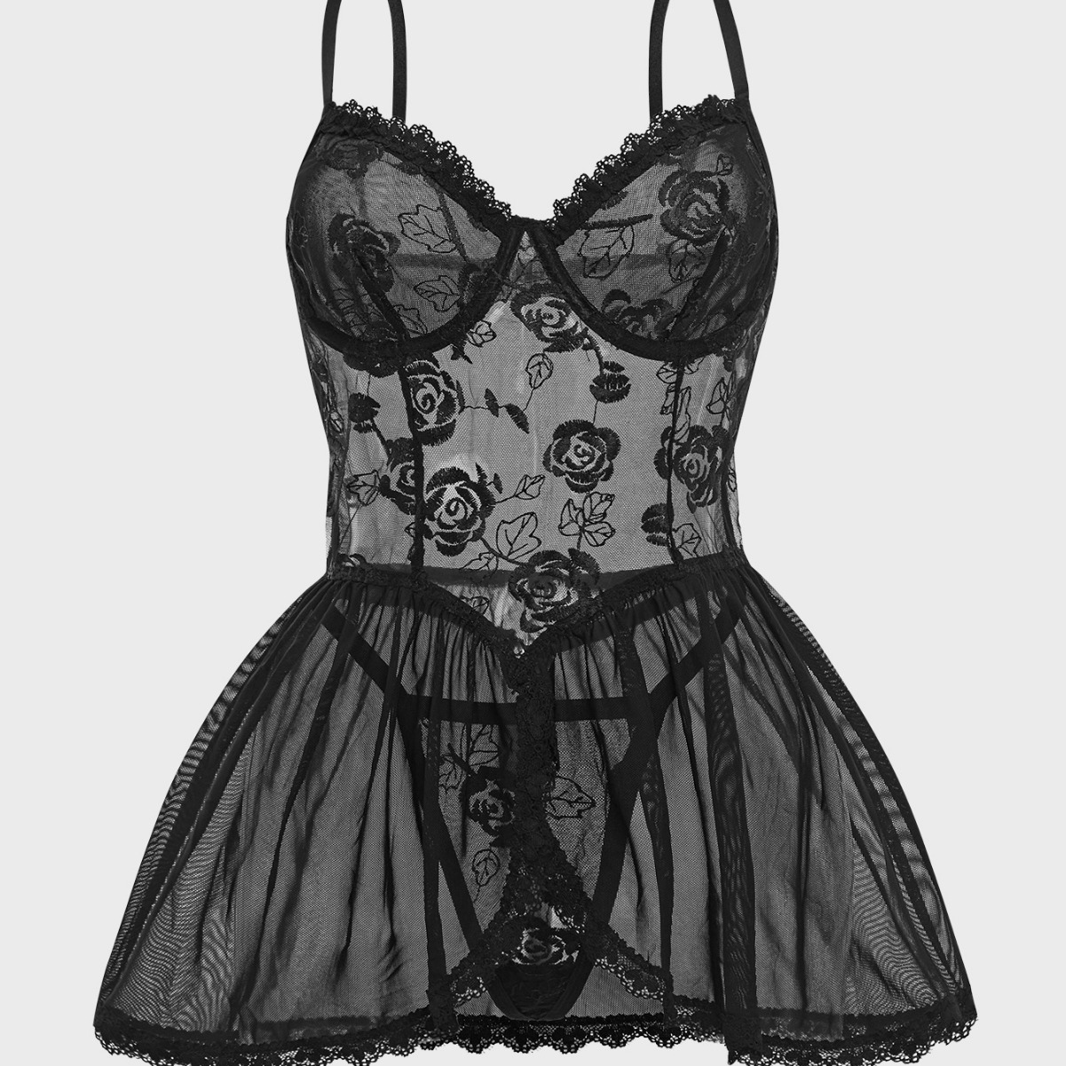 欧美跨境情趣黑色蕾丝性感透视吊带套装睡裙欧美风复古诱惑魅惑