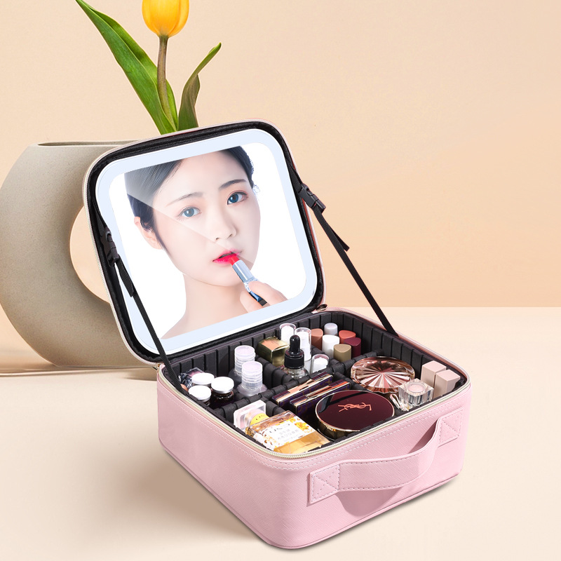New Led Cosmetic Case with Light with Mirror Cosmetic Bag Portable Large Capacity Girl's Heart Net Red Storage Bag