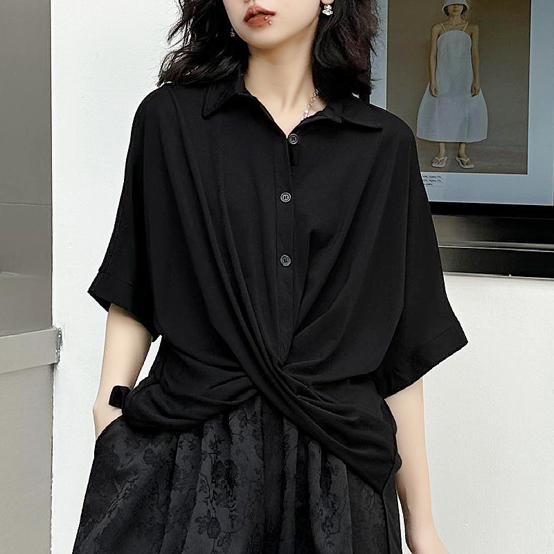 Hong Kong Style Dark Style Short-Sleeved T-shirt Women's Summer New Loose Special-Interest Design Western Style Cross Irregular Top