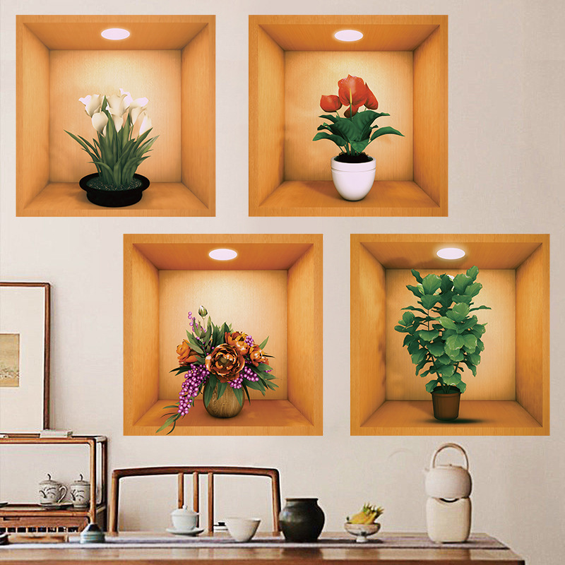 Simulation Green Plant 4-Piece Set Flower Pot 4PCs Photo Frame Self-Adhesive Stickers Wall Sticker Living Room Decorative Painting Suit