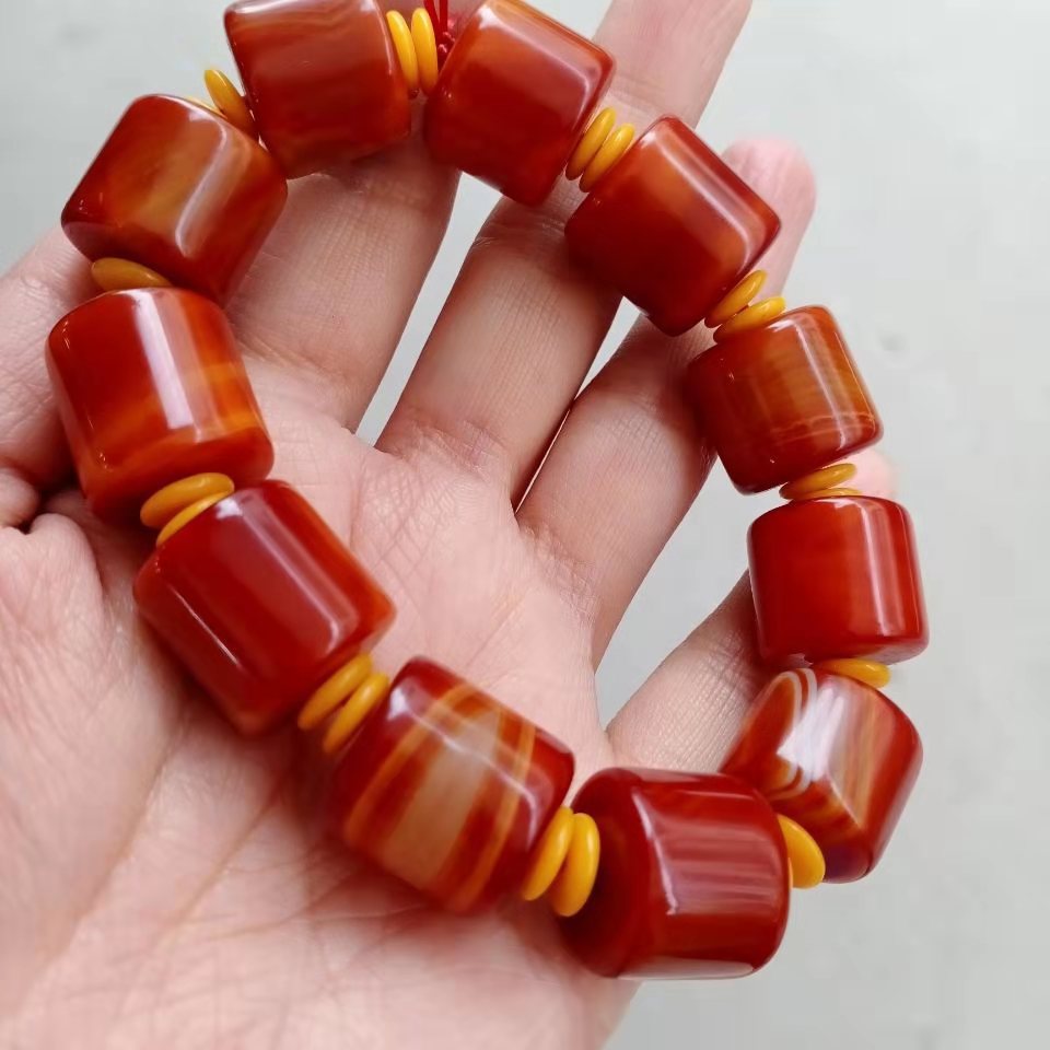 战国红桶珠手串 缠丝玛瑙文玩古玩通珠大气男士原石手链