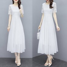 白色蕾丝连衣裙女2024春夏季新款短袖气质显瘦仙女雪纺长款长裙子