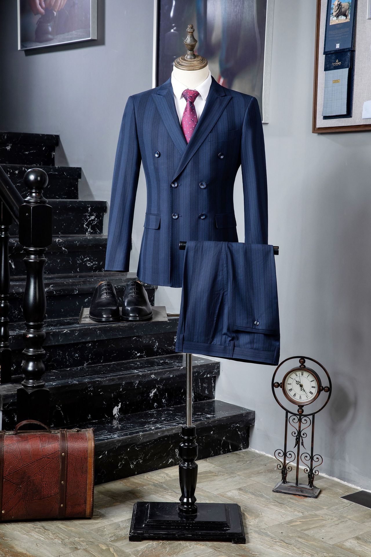 2021新男商务休闲西服套装戗驳领修身双排扣条纹西装结婚礼服