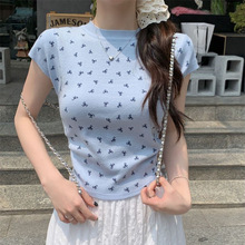蝴蝶结印花圆领短袖针织T恤女夏季2024新款韩版百搭弹力显瘦上衣