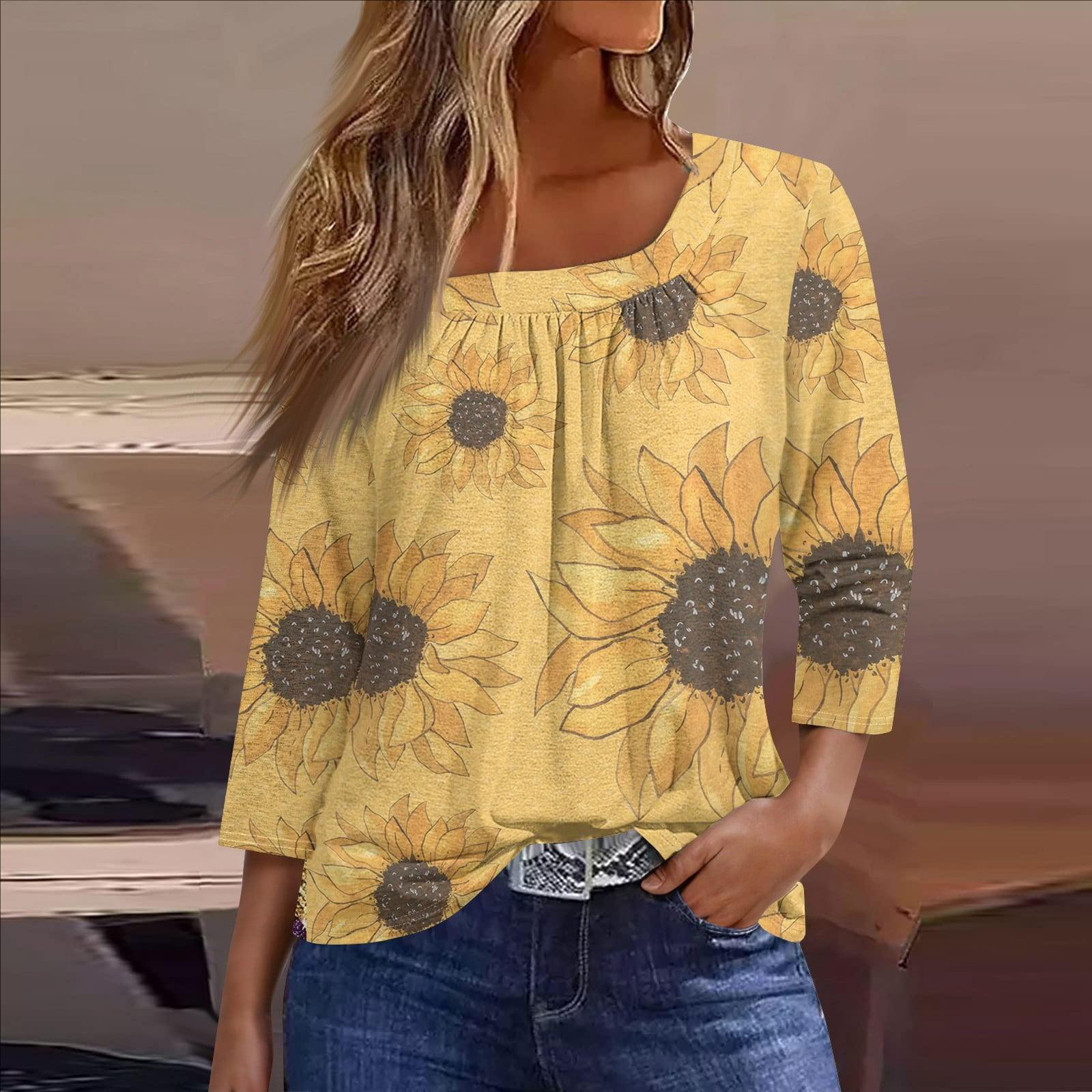 2024欧美temu欧美跨境女装圆领田园风印花九分袖宽松t恤女式上衣