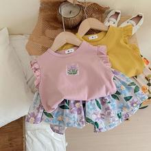 婴幼儿套装2025夏季新品女小童飞袖短袖T洋气宝宝碎花短裤两件套1