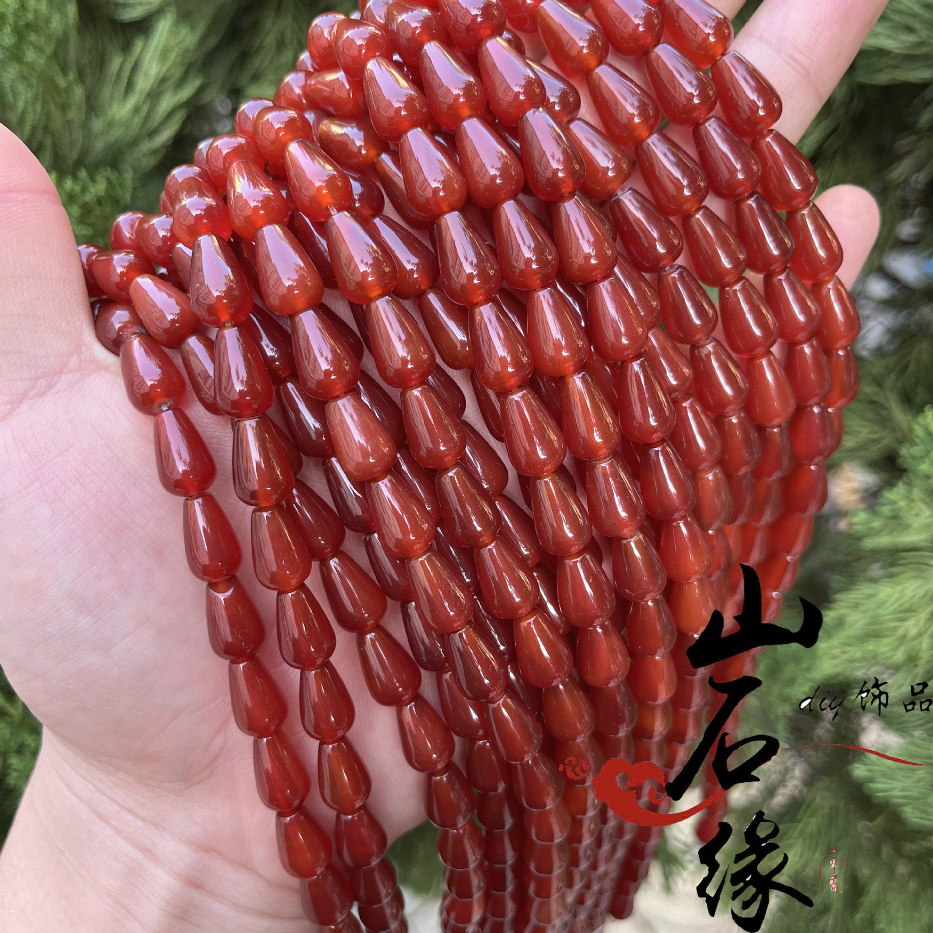 天然红玛瑙直孔圆水滴散珠 串珠子手链发簪头饰半成品diy手工配饰