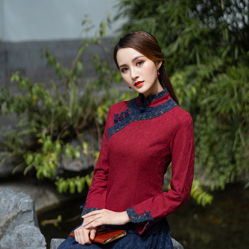 2024秋新款民国风女装中式唐装盘扣复古提花花布拼接改良旗袍上衣
