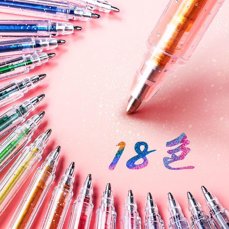 tiktok flash gel pen shiny crystal fluorescent pen set color gel pen highlight painting hand account refill 18 colors