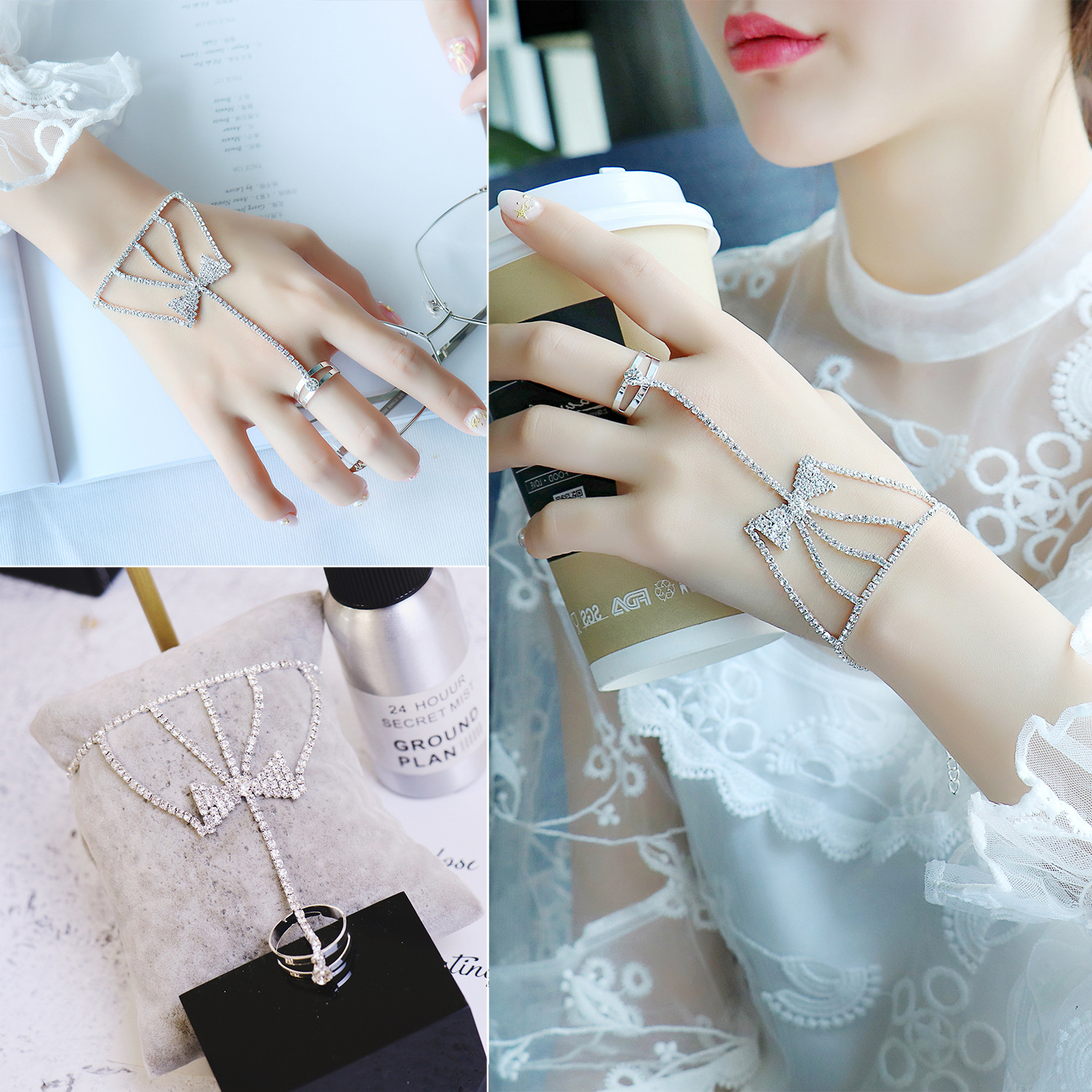 韩国水晶钻连戒指一体手背链手链新娘结婚伴娘首饰表演饰品夸张女