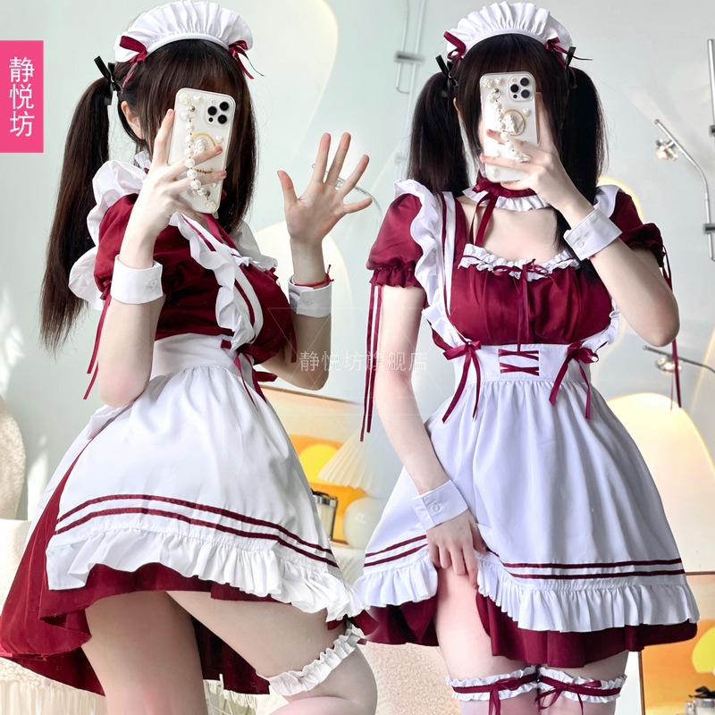 日本酒红色女仆装性感日常萝莉女佣服装可爱lolita连衣裙大码cos