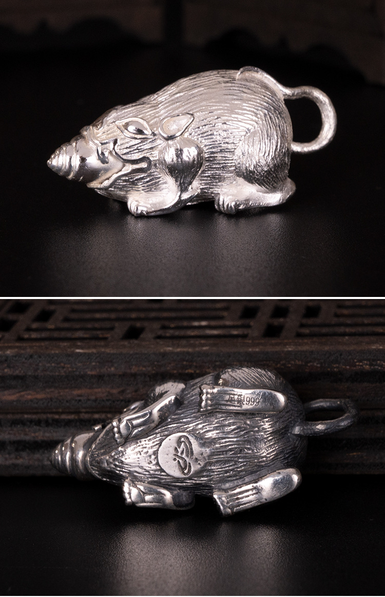 吐宝鼠本命年十二生肖饰品黄财神招财护身符吊坠s999纯银