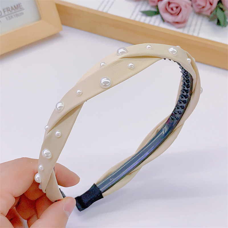 Fashion Simple Milk Coffee Color Series Dough-Twist Style Plaits Headband Inlaid Large and Small Pearls Cloth Headband out Commuter's All-Matching Women