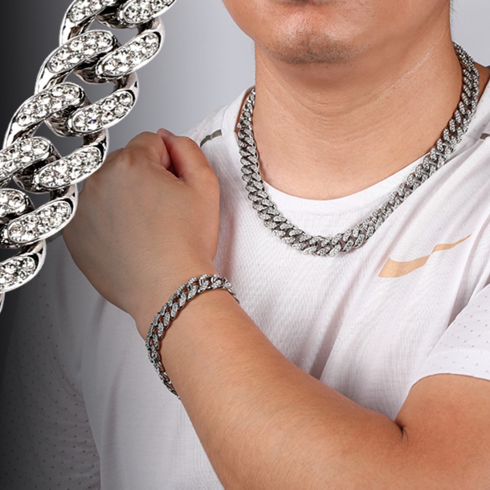 European and American Alloy Line Cuban Link Chain Diamond Bracelet 12mm Full Diamond Men and Women Hip Hop Style Gold-Plated Necklace Cross-Border