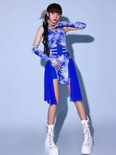蓝色中国风演出服国潮爵士服装女套装打鼓舞蹈服中国风现代舞表演
