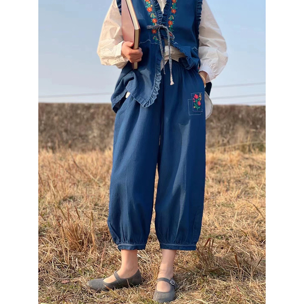 熊姑娘22春季新款森系日系甜美小清新口袋绣花软牛仔松紧腰休闲裤