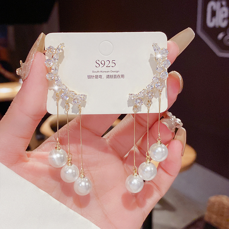 Korean New Style Earrings Fairy 925 Silver Needle Pearl Tassel Ear Clip Earrings Fashionable Temperament Earrings Personalized Earrings for Women