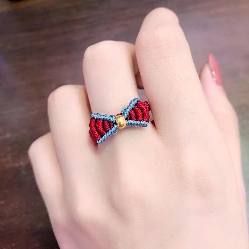 手工编织在逃公主999足金转运珠戒指蝴蝶结可伸缩 调节送闺蜜礼物