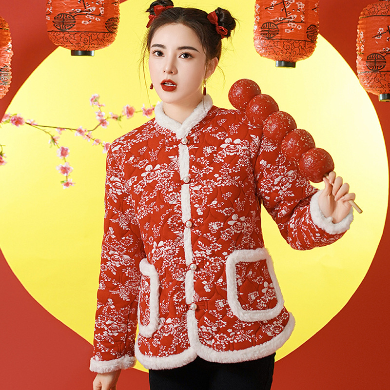 东北花棉袄女时尚复古盘扣棉衣加绒加厚冬季小花袄中国风唐装棉服