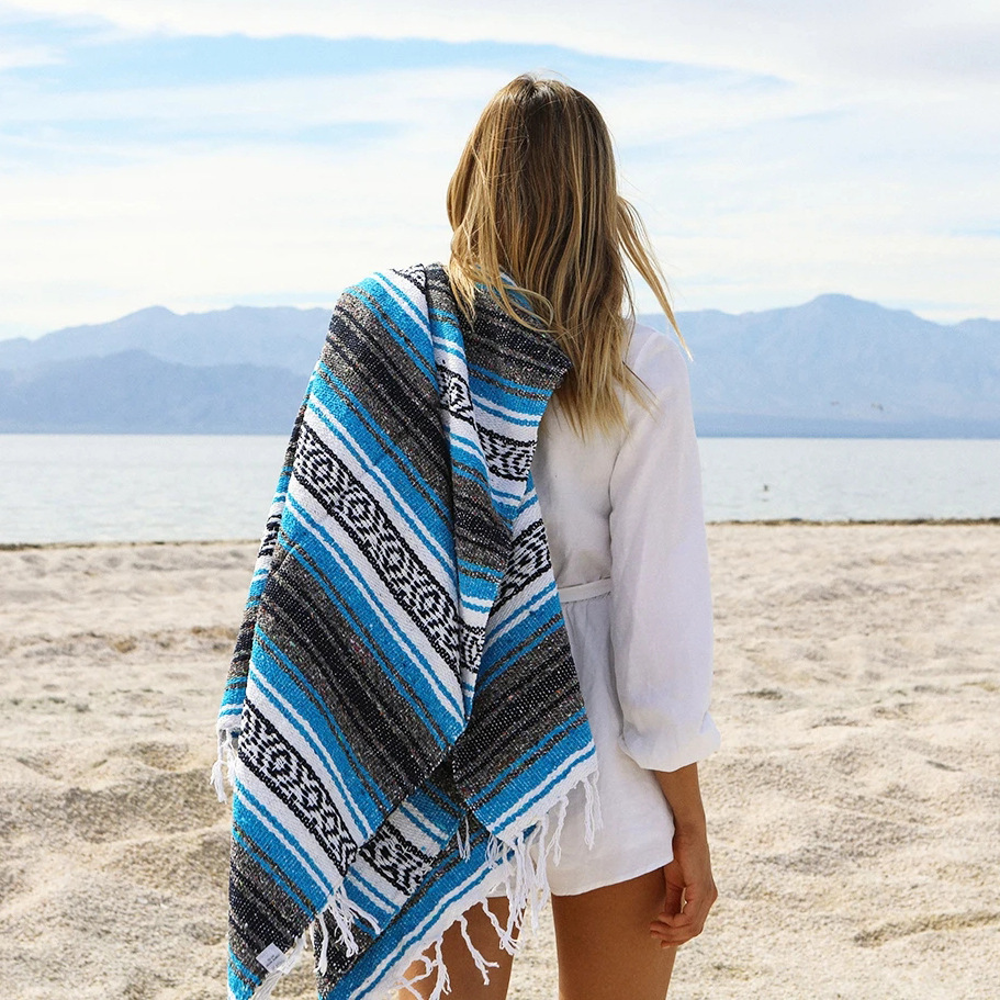 OEM沙滩毯野餐毯野餐垫户外毯子毛毯梭织菱形提花毯子墨西哥毛毯