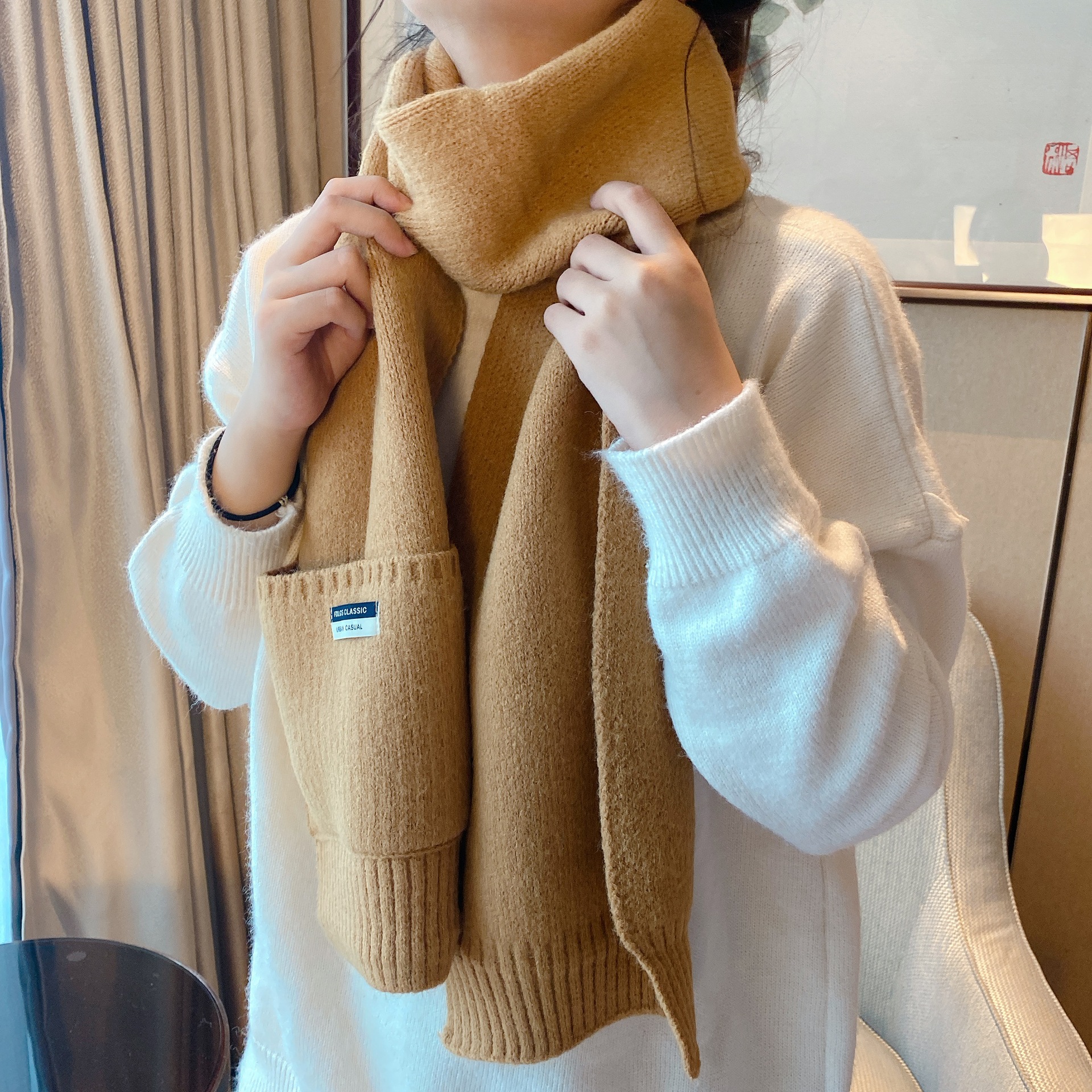 2022 New Korean Style Ins Pocket Solid Color Knitted Wool Scarf Women's Autumn and Winter Warm Decorative Scarf