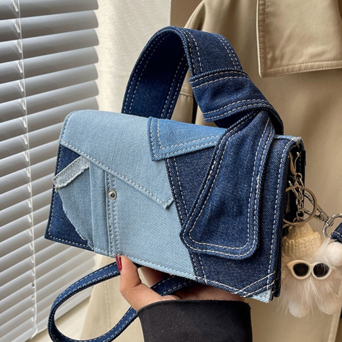 牛仔布手提小包包女2024新款时尚拼接洋气单肩斜挎小方包-阿里巴巴