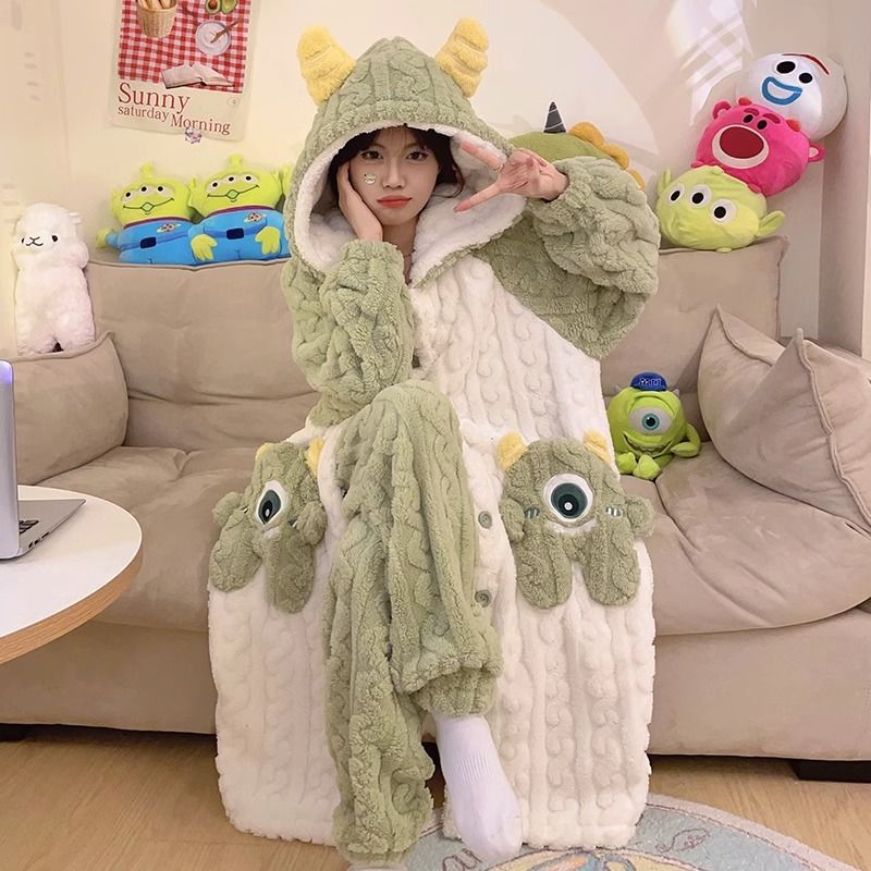 睡衣女冬季加绒加厚珊瑚绒长款睡袍卡通可爱秋冬法兰绒家居服套装