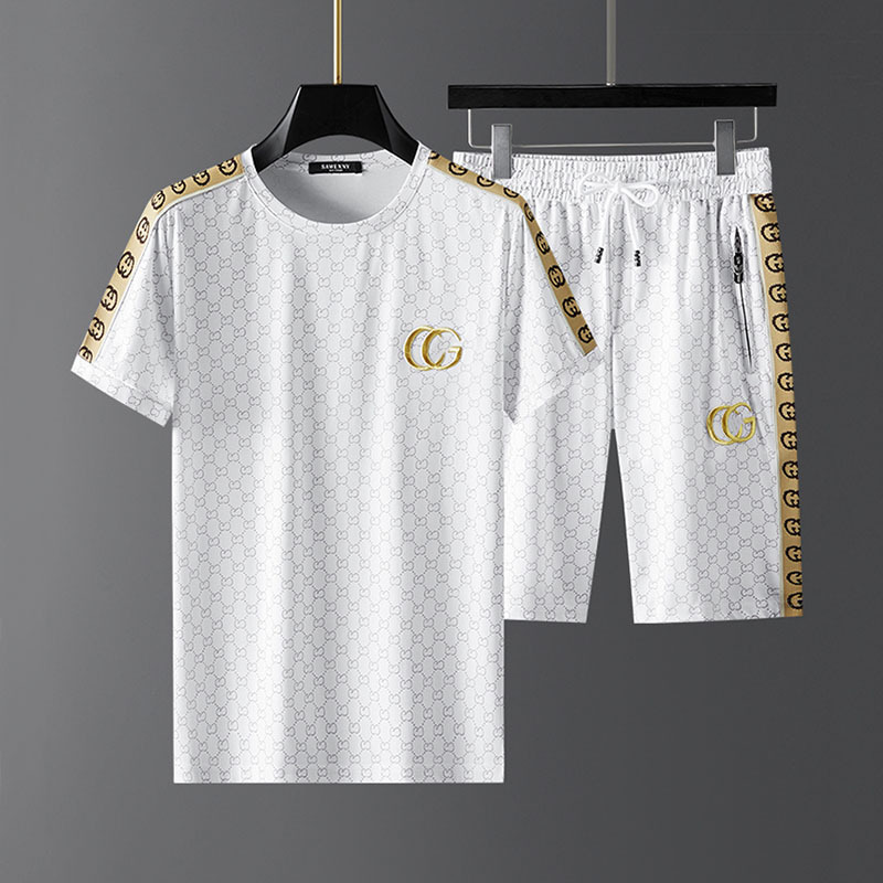 2022 Ice Silk Shorts Suit Male Letter Embroidered Short Sleeve Large Size Korean Style Trendy Casual Sports Two-Piece Set
