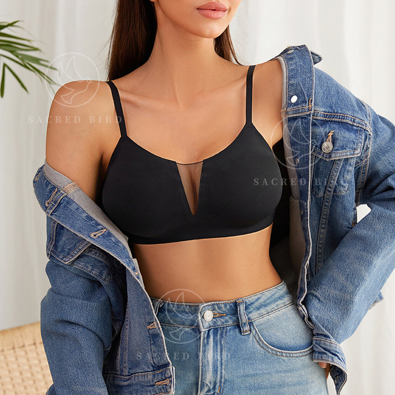 Fashion Mesh Patchwork Seamless Ice Silk Thin European and American Large Size Sports Bra Comfortable Wireless Women's Bra