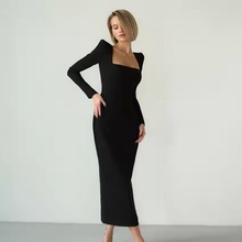 European and American square neck temperament slim hip dress