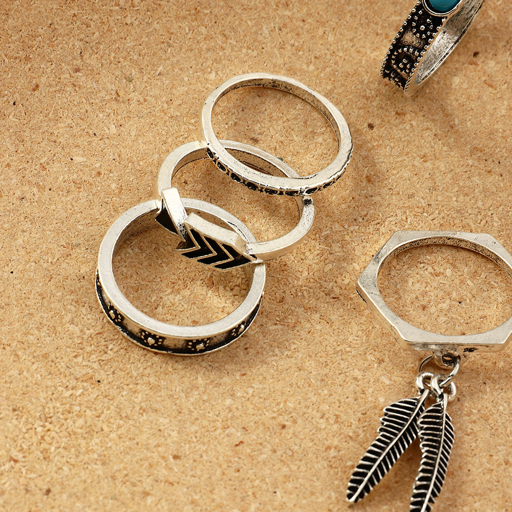 and American Popular Accessories Retro Antique Silver Feather Pendant Ring Arrow Heart Geometric Knuckle Ring Female