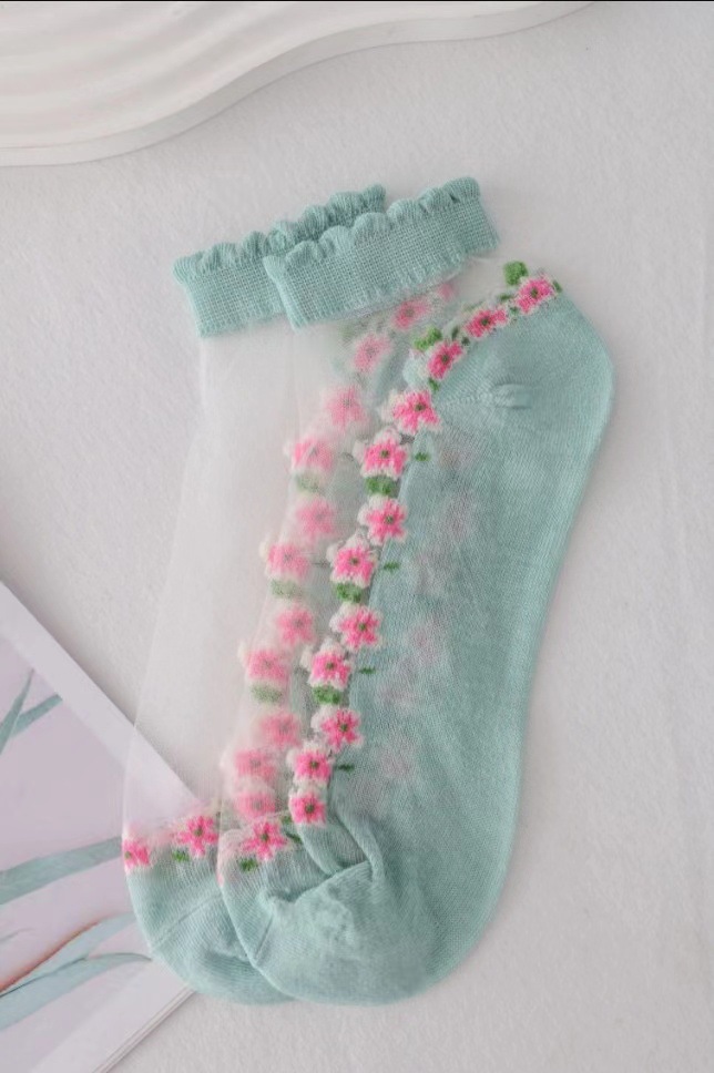 Floral Spun Glass Women's Summer Short Socks Japanese Cute Fresh Ins Socks Cotton Base Sweat-Absorbent Breathable Socks