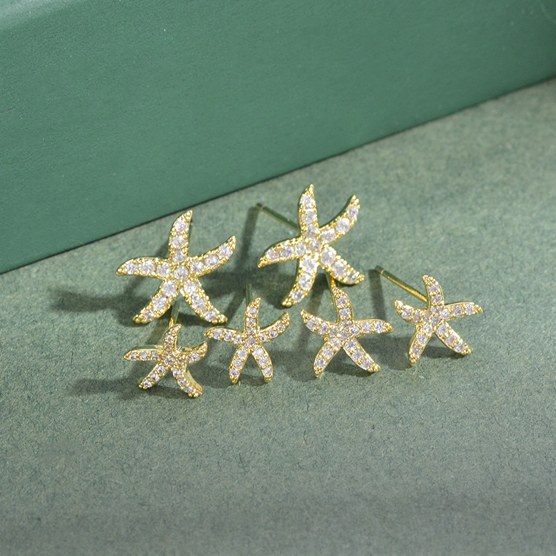 Sterling Silver Needle Fashion Three-Piece Set Combination Stud Earrings Female One Card Three Pairs Full Diamond Starfish Student Mini and Simple Earrings