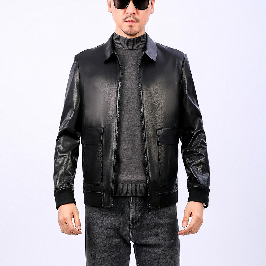 男式真皮皮衣今日价格行情查询-海宁山羊皮短款鹿皮纹翻领皮夹克