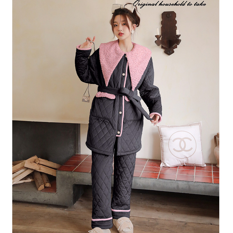 minisister特价款冬季小香风大翻领开衫加厚睡衣长款夹棉家居服女