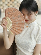 JIH3新中式温柔复古风淑女小扇子 刺绣棉布贝壳扇葵形扇搭配旗袍