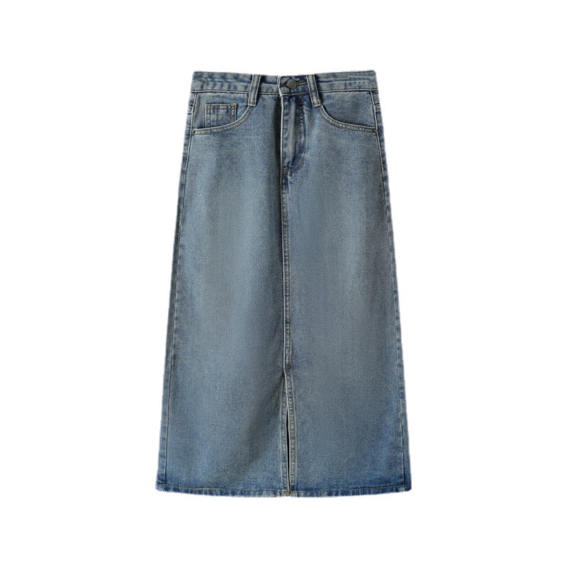 Split Denim Skirt Women's Spring Small A- line Dress Retro High Waist Slimming Mid-Length Hip Skirt