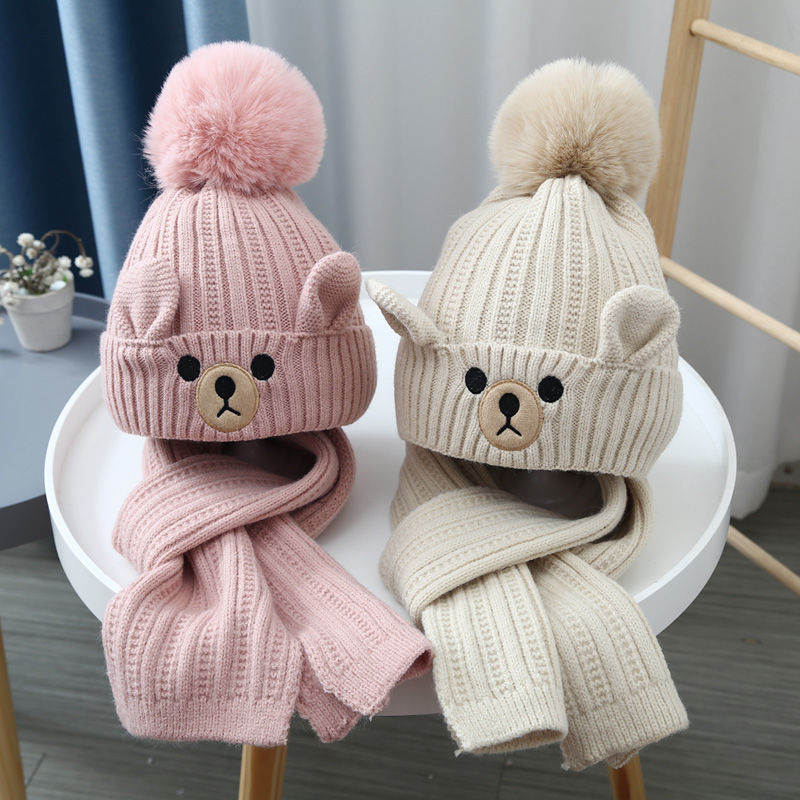 Children's Hat Scarf Set Men's and Women's Baby Wool Cap Fleece-Lined Warm Toddler Slipover Knitted Hat Korean Cute