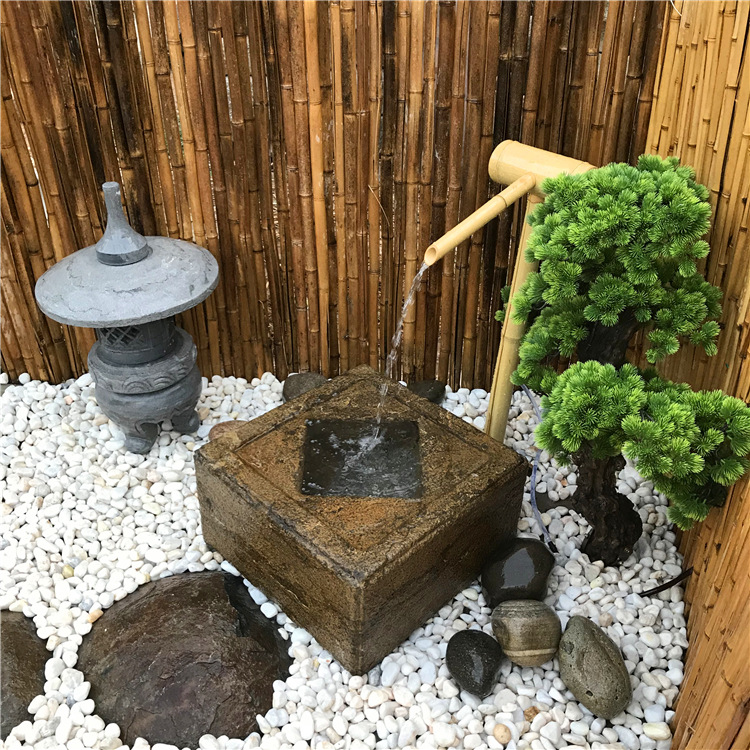 日式庭院流水石钵枯山水造景石盆民宿户外景观石槽禅意水景石灯