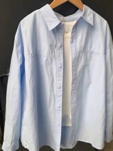 蓝色长袖衬衫外套女秋季2023新款小个子法式外搭开衫衬衣棉麻上衣