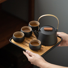 日式黑陶提梁壶茶具套装一壶四杯带茶盘办公家用茶具礼盒装定logo