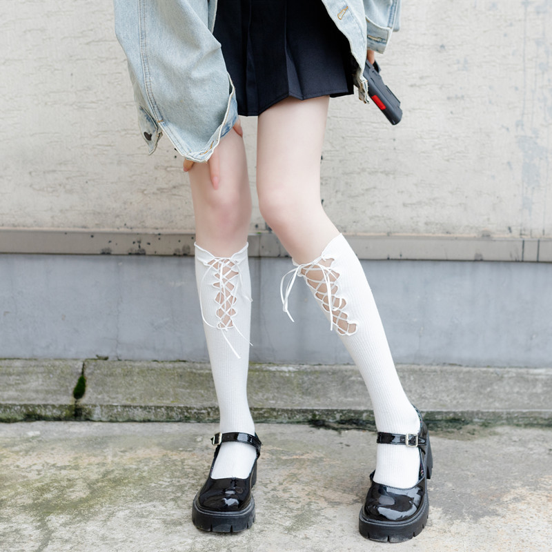 女士绑带袜子 前后系黑白色jk中筒袜 学院风性感美腿潮流小腿袜子