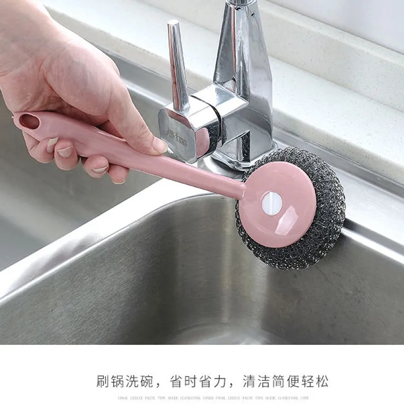 Stainless Steel Replaceable Steel Wire Ball with Handle Wok Brush Large Cleaning Brush Steel Wire Brush Cleaning Ball Kitchen Dish Ball